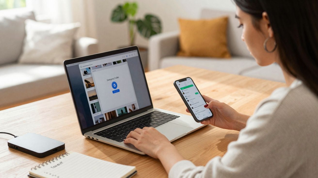 Mulher a usar smartphone e laptop numa mesa de madeira com bloco de notas e disco externo.