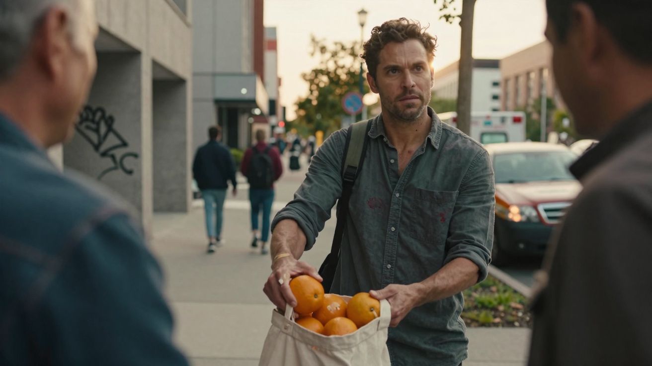 Homem oferece saco com laranjas numa rua urbana, com pessoas e carros ao fundo ao entardecer.