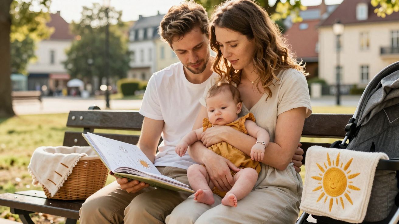 Família sentada num banco de parque, pais a lerem um livro para o bebé ao colo, carrinho ao lado.