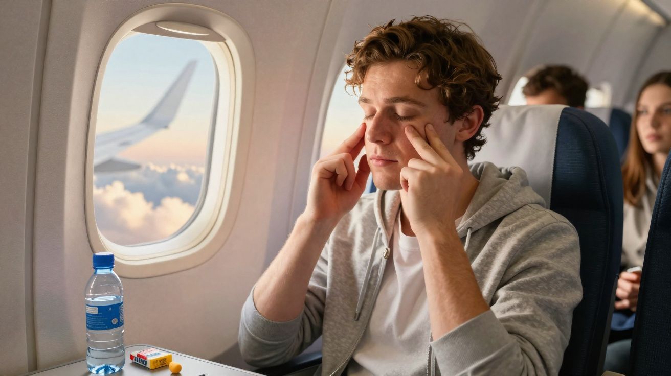 Homem sentado em avião massageando a zona dos olhos com dedos fechando-os.
