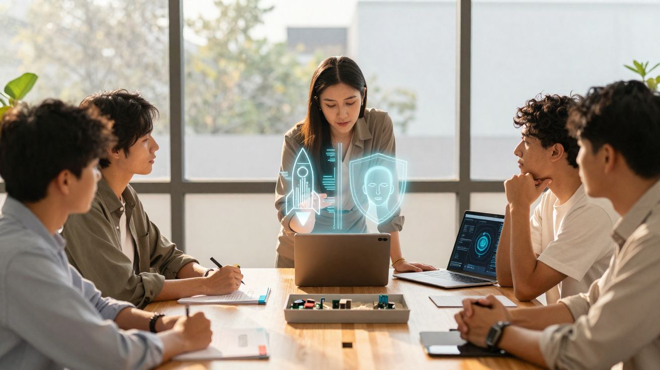 Grupo de cinco jovens numa reunião, com mulher a apresentar hologramas tecnológicos num escritório moderno.