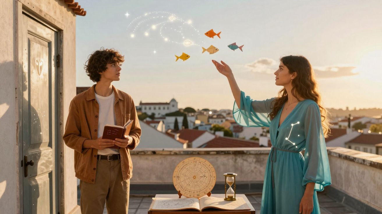 Jovem mulher e homem num terraço ao pôr do sol, com peixes e constelações desenhadas no ar.