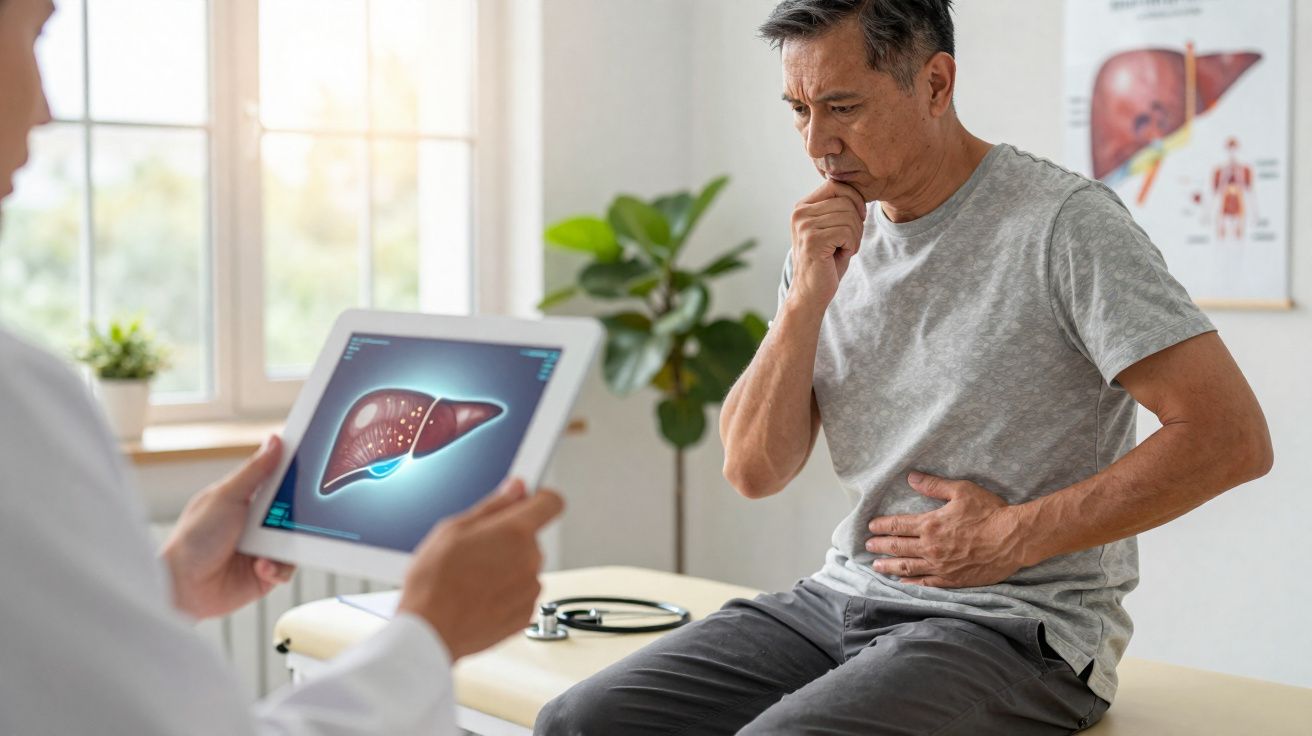 Homem com dor abdominal consulta médico que analisa imagem digital do fígado num tablet.