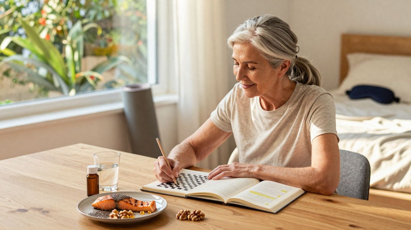 Mulher idosa sentada à mesa, sorrindo e preenchendo palavras cruzadas num caderno, com prato de salmão e nozes à frente.