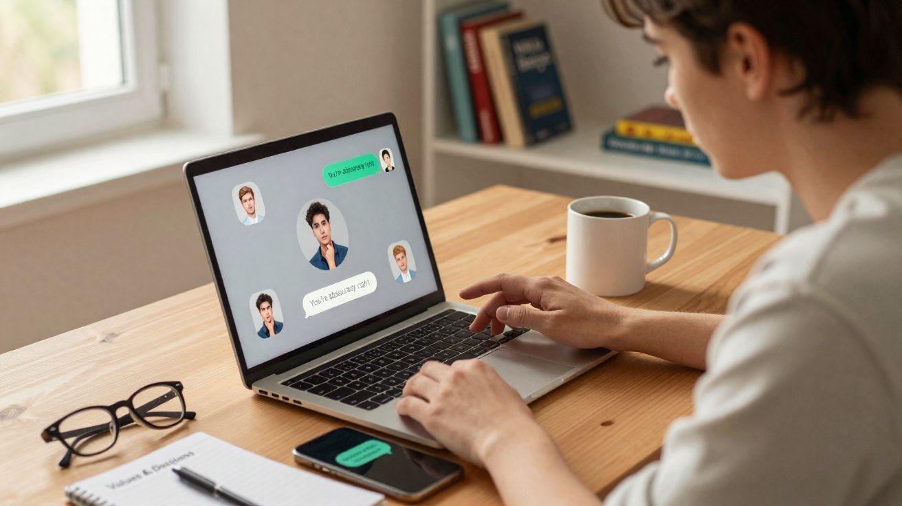 Pessoa a utilizar computador portátil para videochamada, com telemóvel, óculos, e caderno na mesa de madeira.