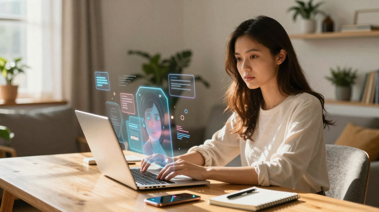 Mulher sentada a usar laptop com imagens digitais holográficas numa mesa com caderno e smartphone.