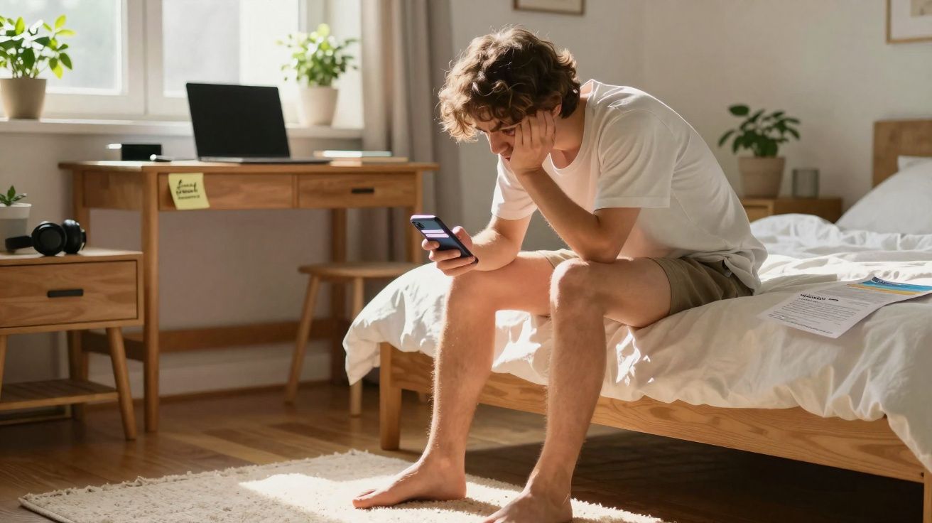 Jovem sentado na cama mexendo no telemóvel, com expressão pensativa, quarto iluminado e mesa ao fundo.