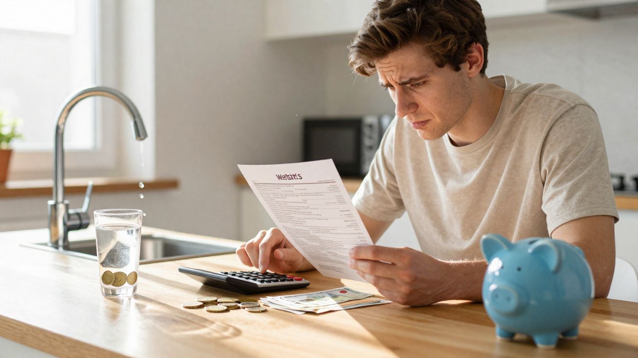 Homem preocupado a calcular despesas com papel, calculadora, moedas e mealheiro azul numa cozinha.