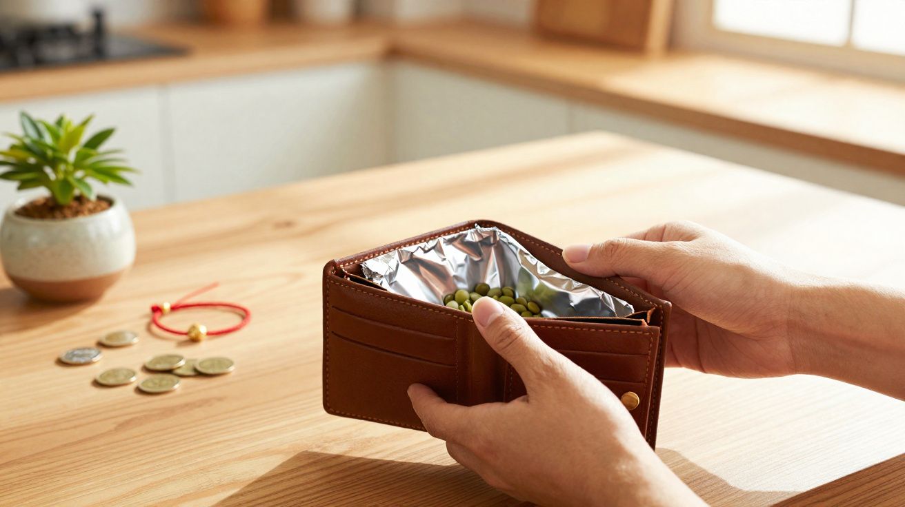 Pessoa a segurar carteira aberta com ervilhas dentro, em cima de mesa de madeira com moedas e planta.