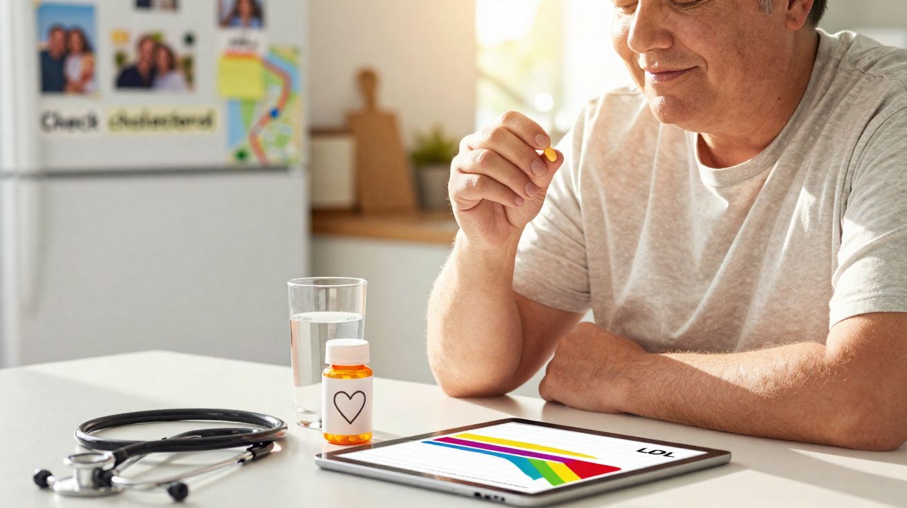 Homem a tomar comprimido com frasco, stethoscope e tablet com gráfico médico numa cozinha iluminada.