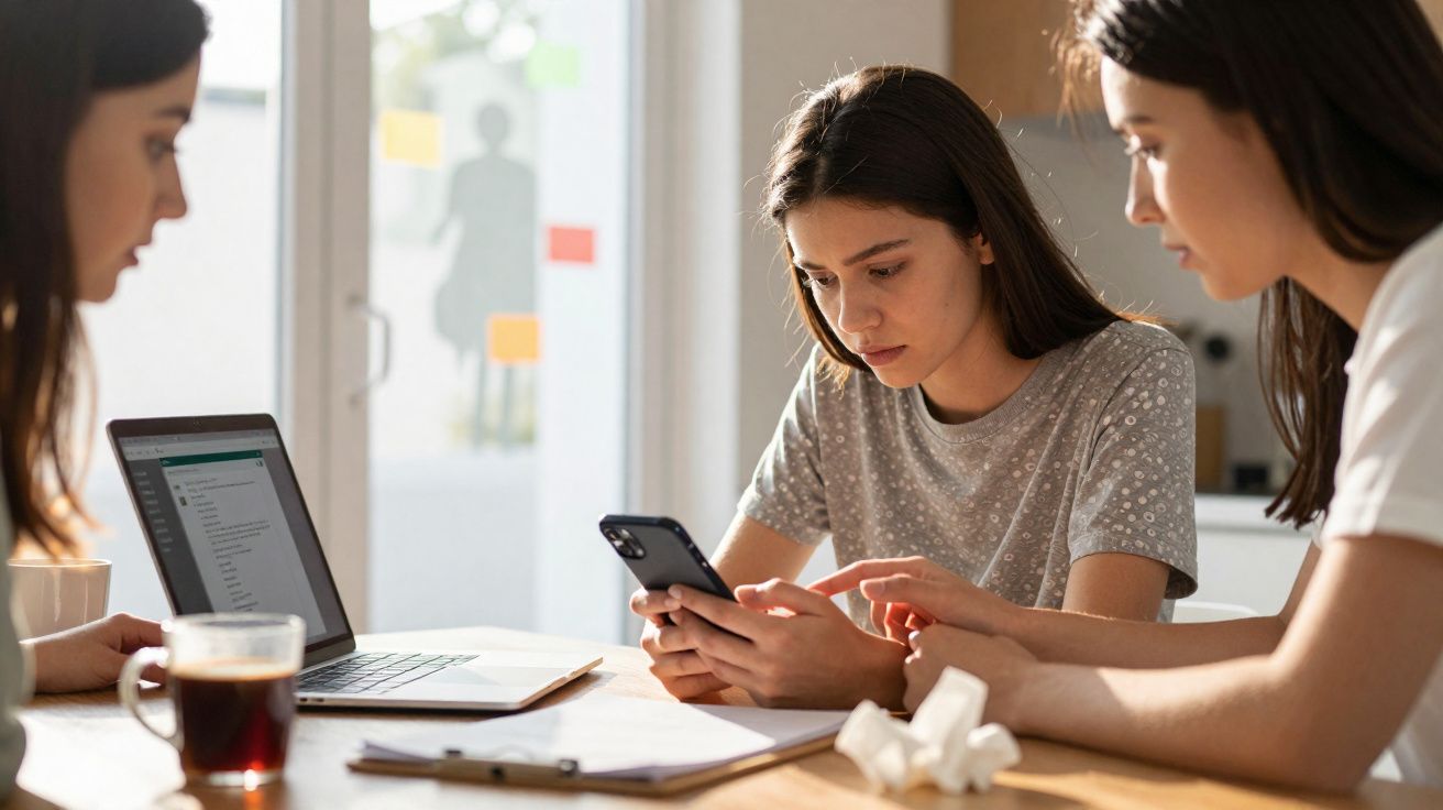 Três jovens mulheres sentadas à mesa a trabalhar, uma com portátil, outra a usar telemóvel.