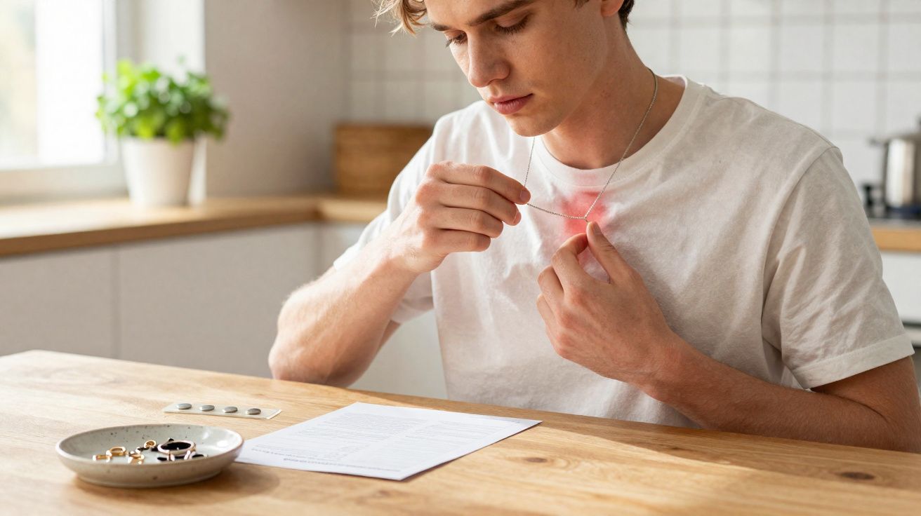 Homem jovem sentado à mesa, segurando um colar na zona do peito com expressão pensativa.