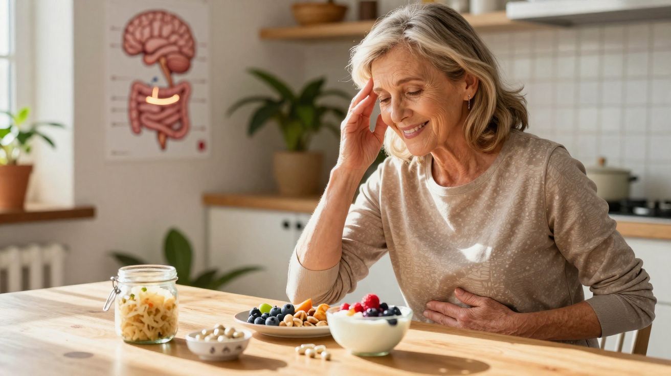 Mulher idosa sorridente sentada à mesa com iogurte, frutos secos e suplementos alimentares à sua frente.