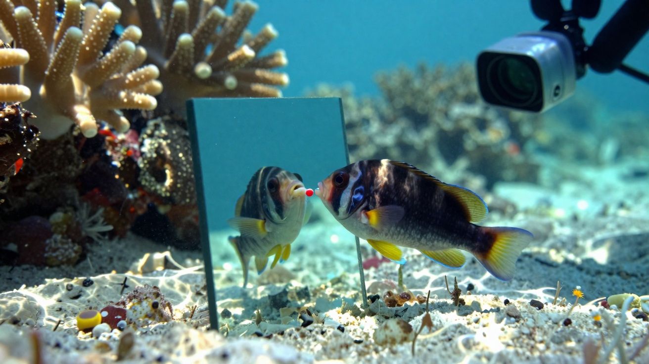 Peixe debaixo de água a olhar para o seu reflexo num espelho colocado no fundo do mar.