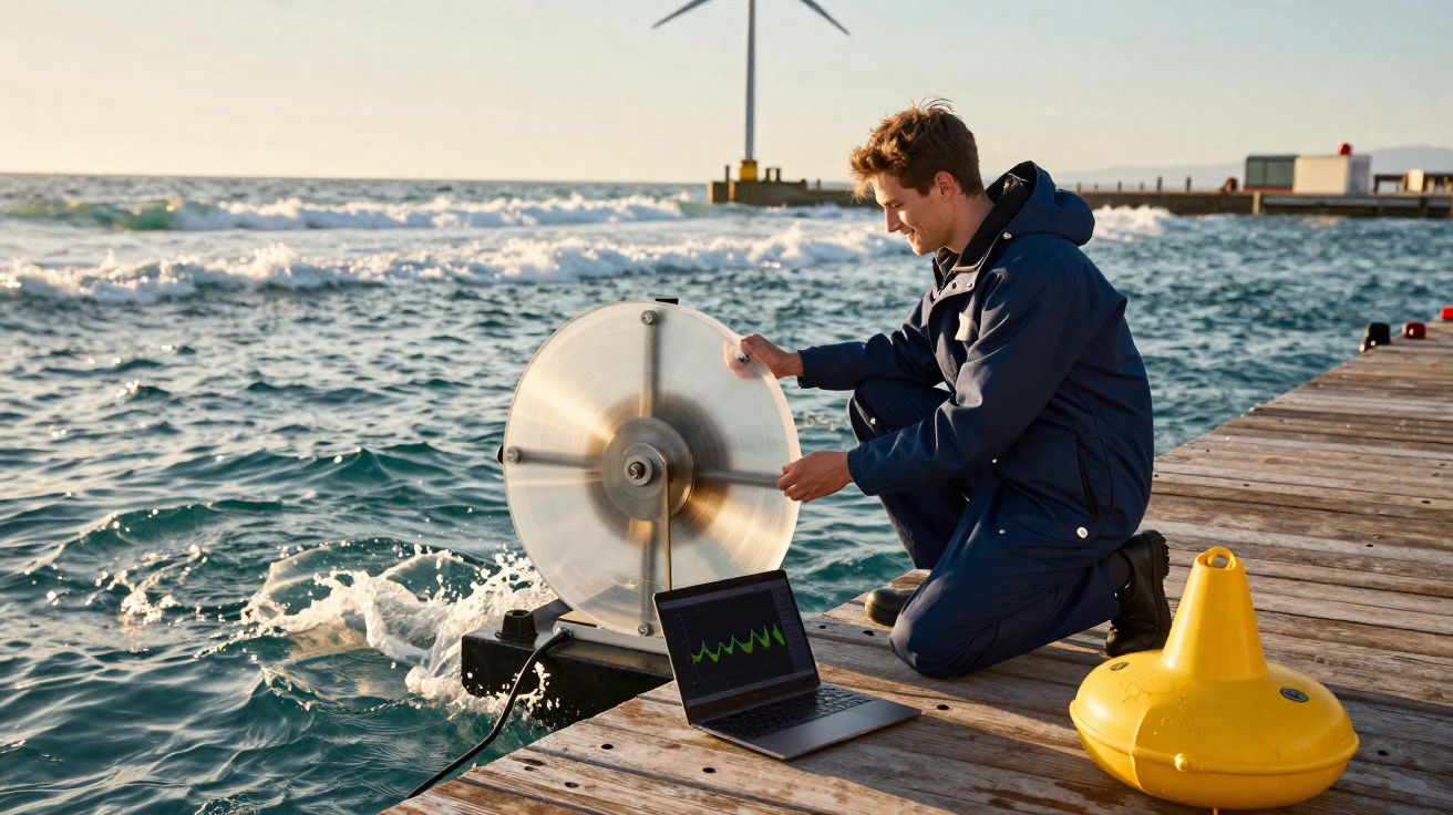 Homem numa doca a instalar equipamento tecnológico para medir energia das ondas do mar, com portátil e boia amarela.