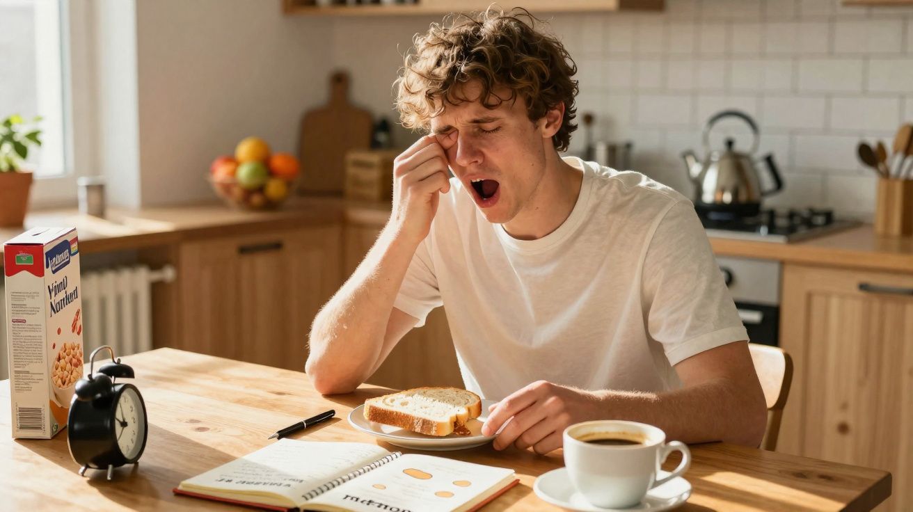 Jovem a bocejar enquanto toma pequeno-almoço com pão e café numa cozinha luminosa.