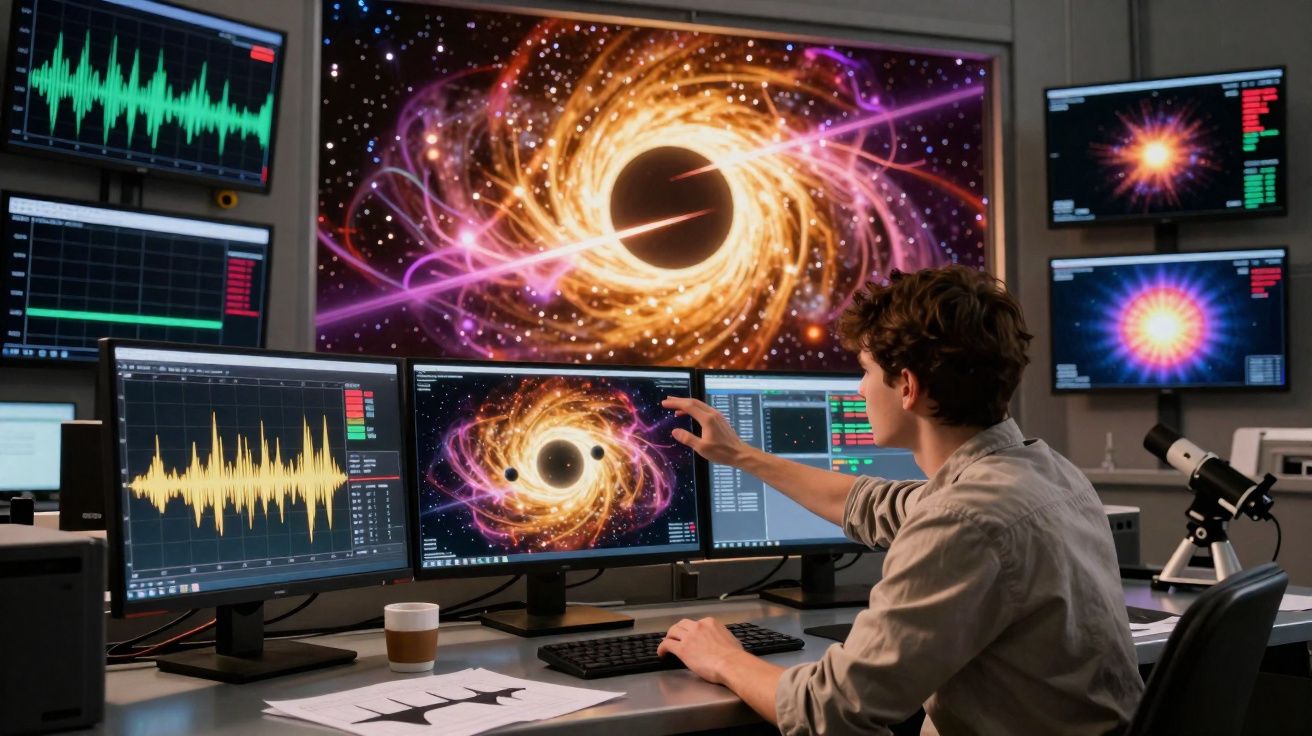 Pessoa a analisar dados de buraco negro em múltiplos ecrãs num laboratório de astronomia.