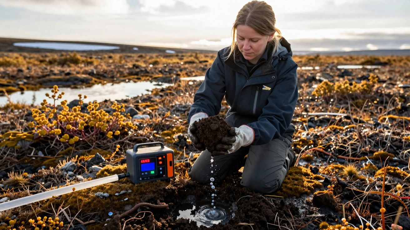 Mulher a analisar amostra de solo numa paisagem húmida com dispositivo de medição ao lado.