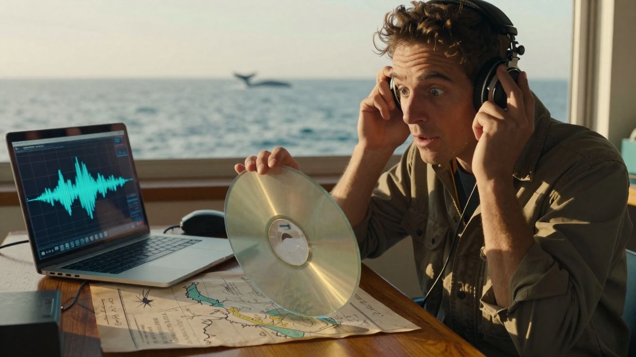 Homem com auscultadores segura disco transparente junto a computador com gráfico de áudio, com vista para o mar ao fundo.