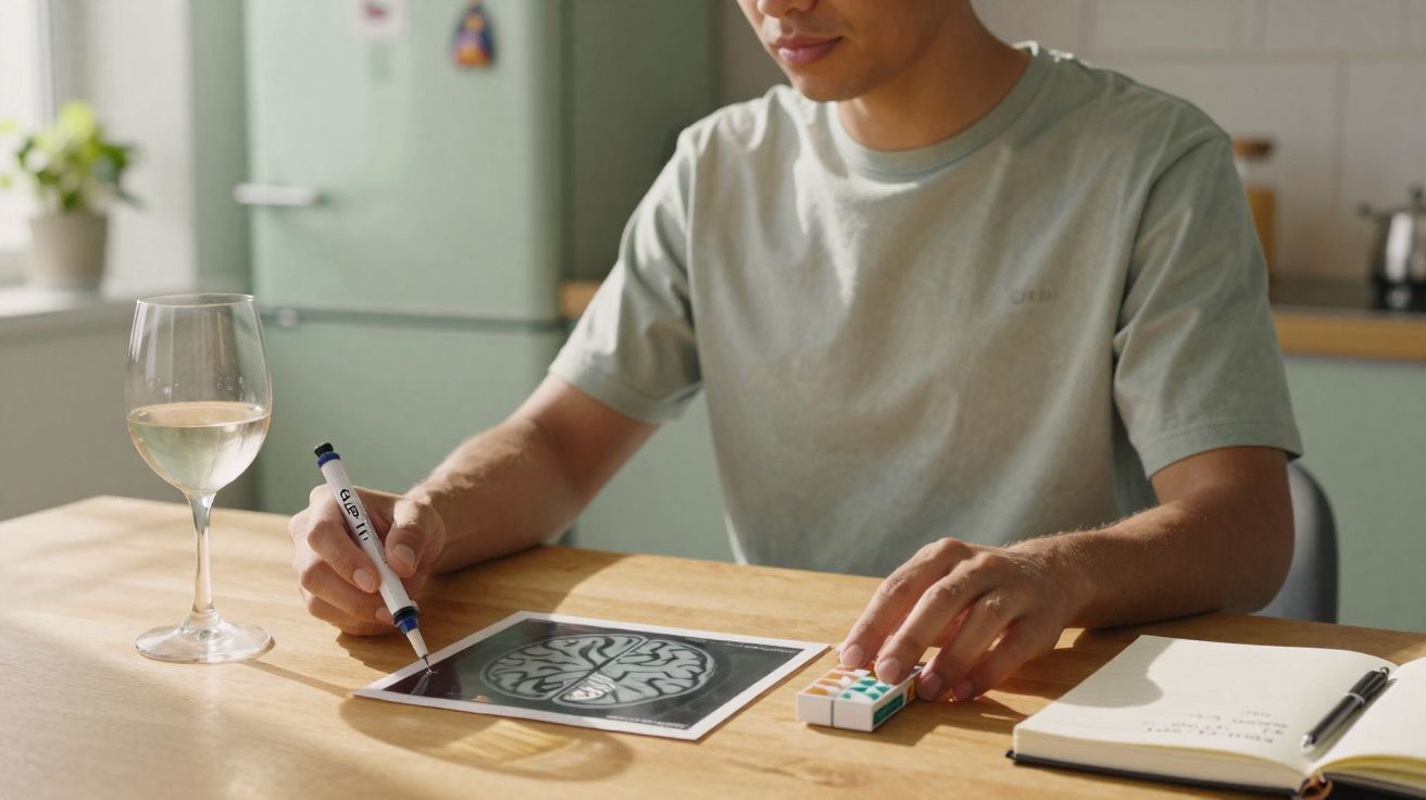 Homem sentado à mesa a analisar imagem de cérebro com marcador, cubo de rubik e copo de vinho branco.