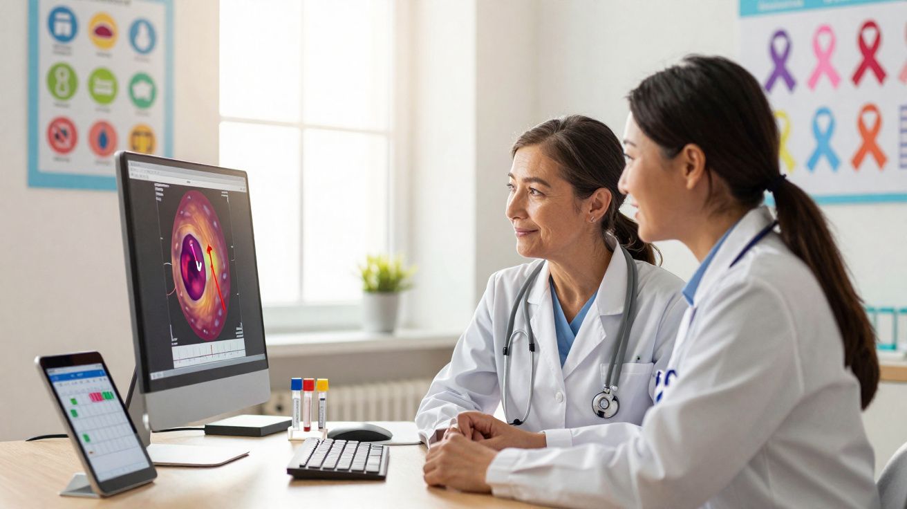 Duas médicas a analisar imagem médica de exame num computador num consultório iluminado.