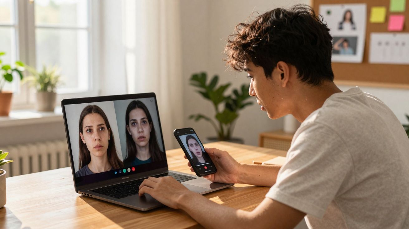 Jovem sentado a fazer videochamada com duas mulheres num laptop, ao mesmo tempo que usa telemóvel na mão.