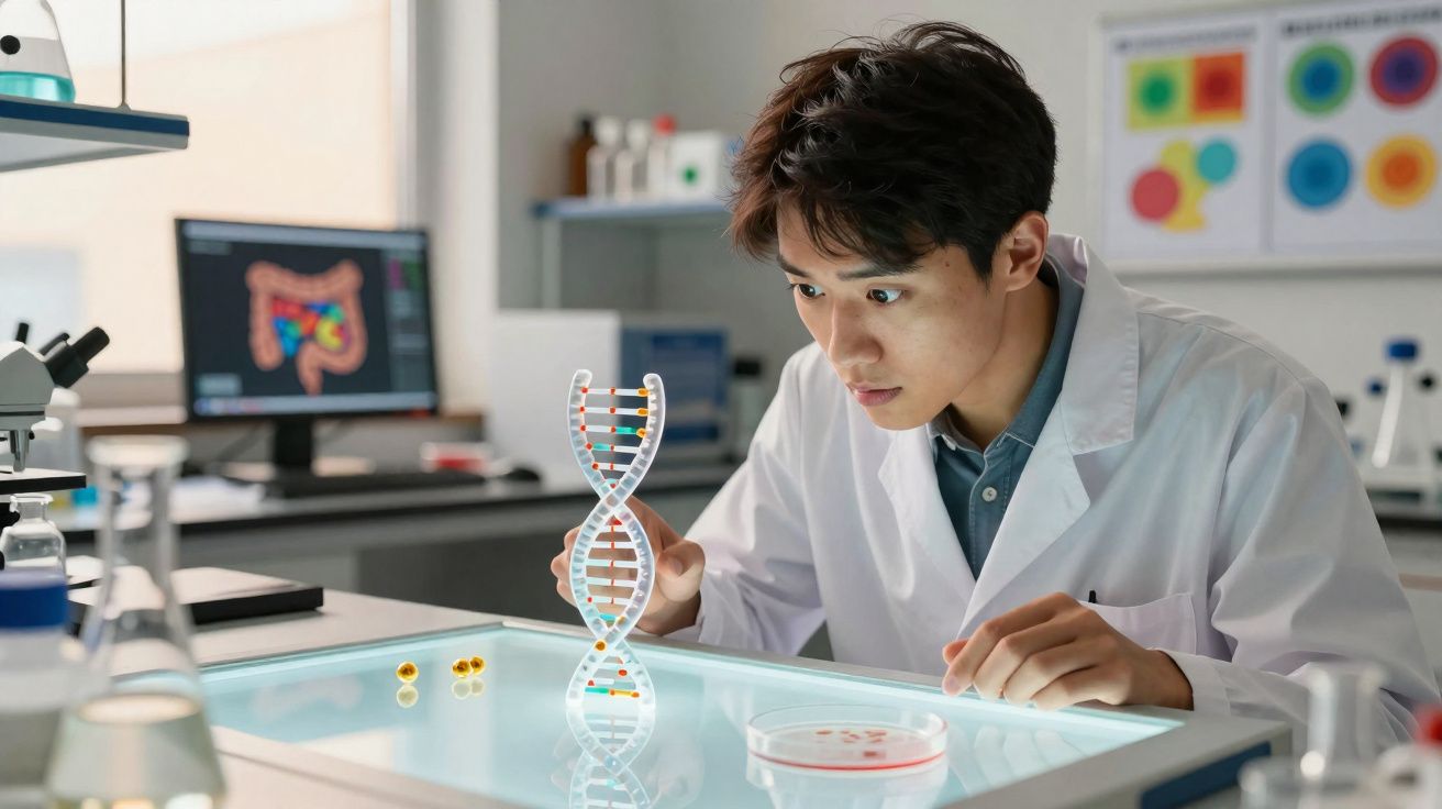 Cientista em laboratório observa modelo de dupla hélice de ADN sobre mesa iluminada com placa de Petri.