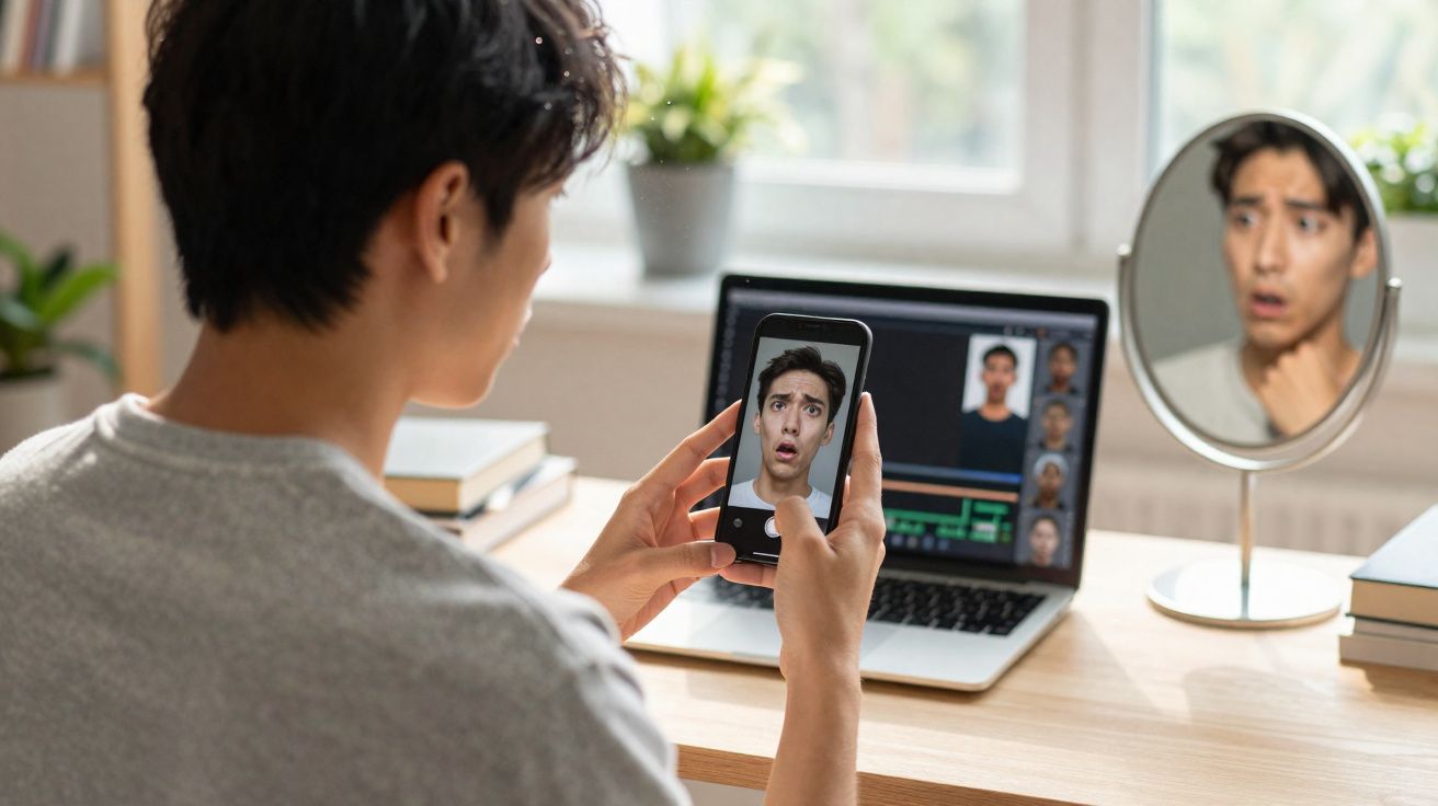 Jovem preocupado verifica o rosto no espelho e no telemóvel enquanto está sentado à secretária com computador portátil.