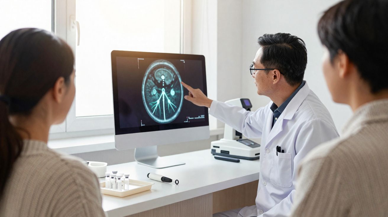 Médico mostra ressonância magnética cerebral a casal numa consulta num consultório iluminado.