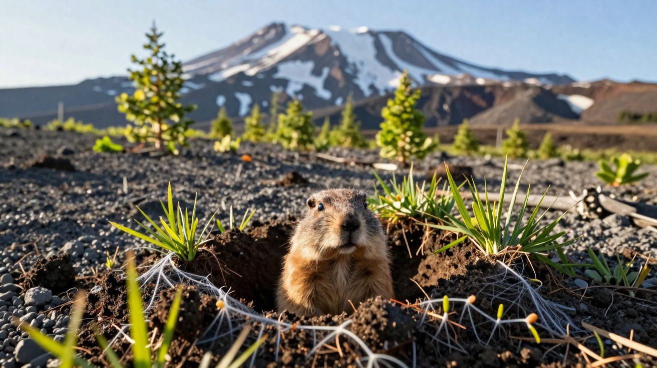 Pequeno roedor a sair da toca no solo rochoso com montanha nevada ao fundo e vegetação dispersa.