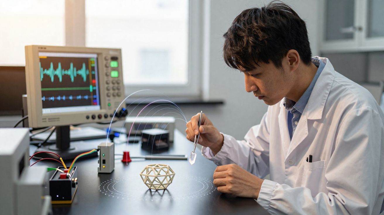 Cientista em bata branca manipula objeto geométrico com pinça num laboratório tecnológico moderno.