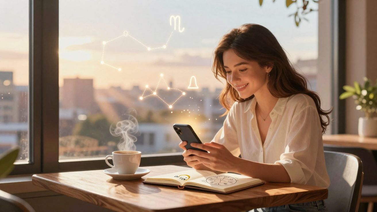 Jovem sorridente usa telemóvel junto a uma janela com vista urbana, com livro de astrologia e chá na mesa.