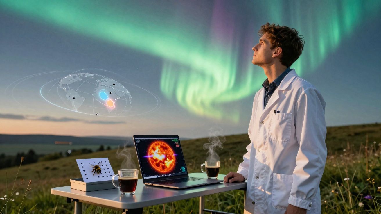 Jovem cientista observa aurora boreal junto a mesa com computador, chá e modelo de aranha num campo aberto.