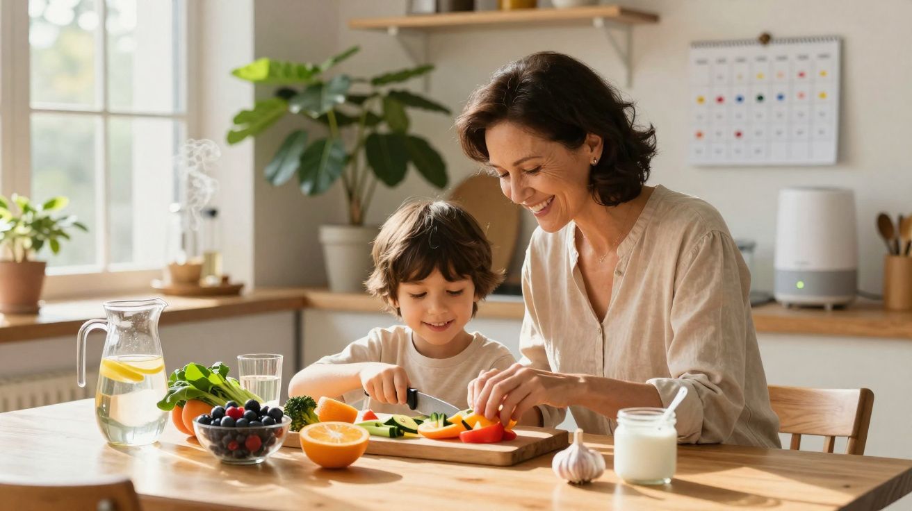 Mulher e criança preparam legumes frescos sorrindo numa cozinha luminosa e acolhedora.