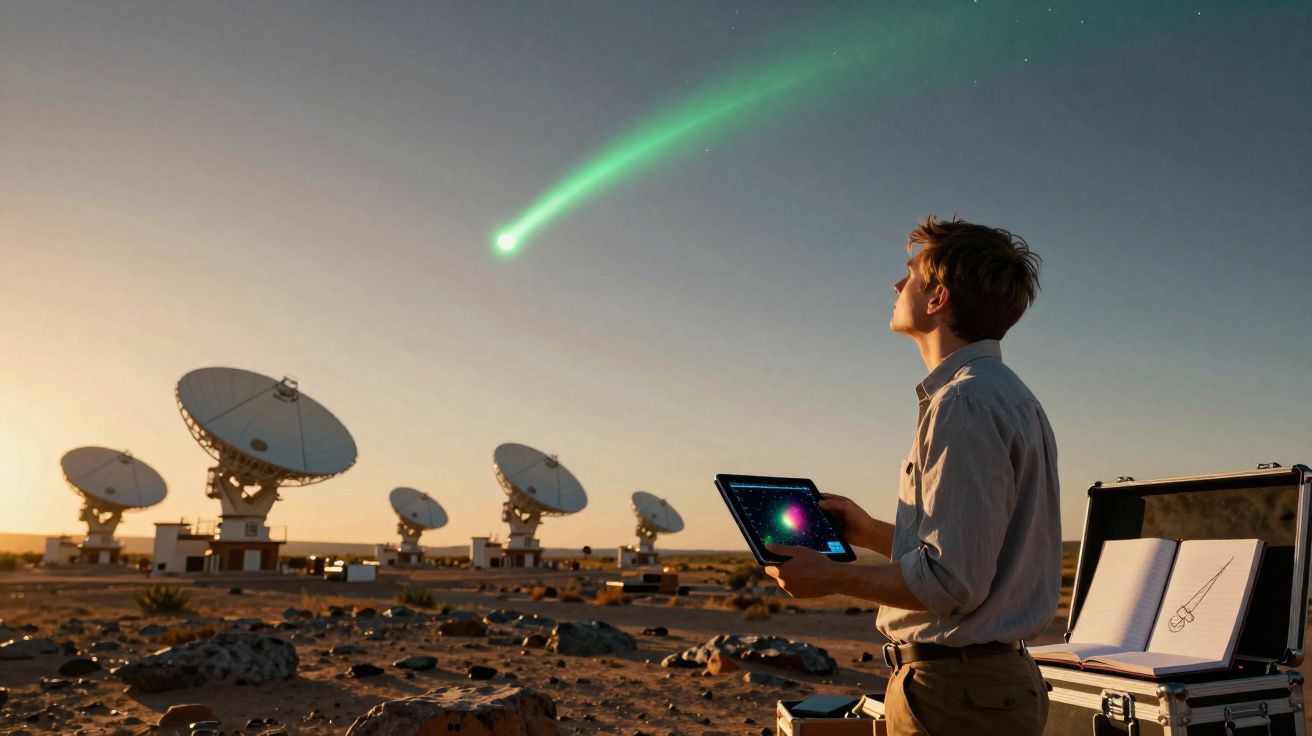 Homem com tablet a observar cometas e antenas parabólicas numa área desértica ao pôr do sol.