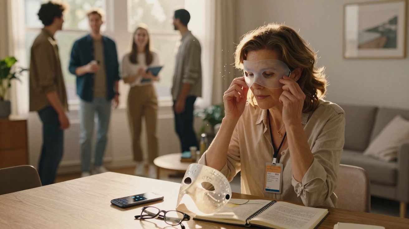 Mulher a colocar máscara facial numa sala enquanto quatro pessoas conversam ao fundo.