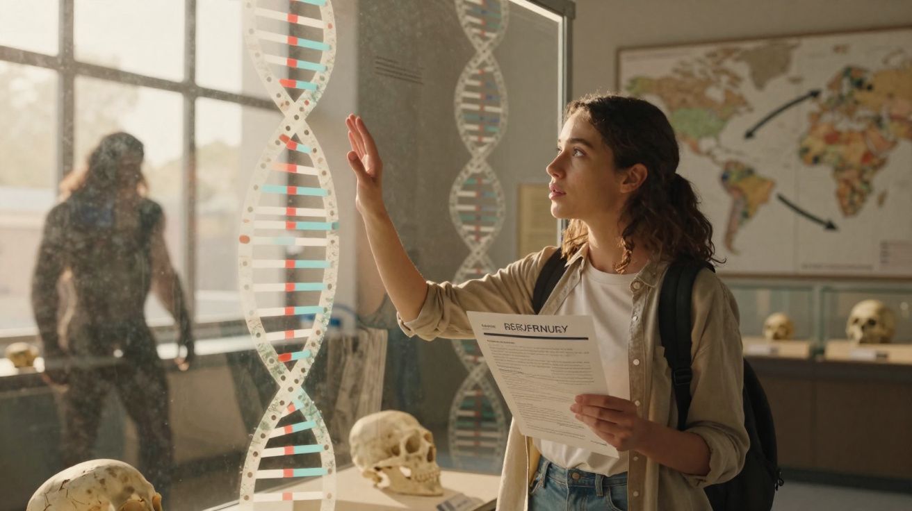 Mulher jovem em museu de ciências observa modelo de ADN e segura documento com caveiras expostas ao fundo.