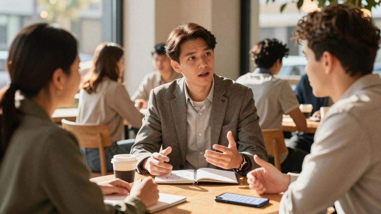 Três jovens em reunião de trabalho discutem ideias em ambiente de café com blocos de notas e telemóvel na mesa.