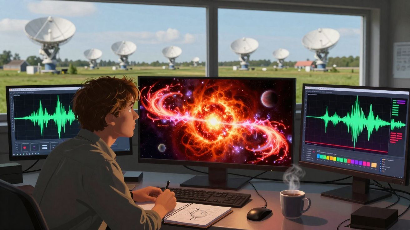 Jovem cientista observa dados em três ecrãs com antenas parabólicas e paisagem exterior ao fundo.