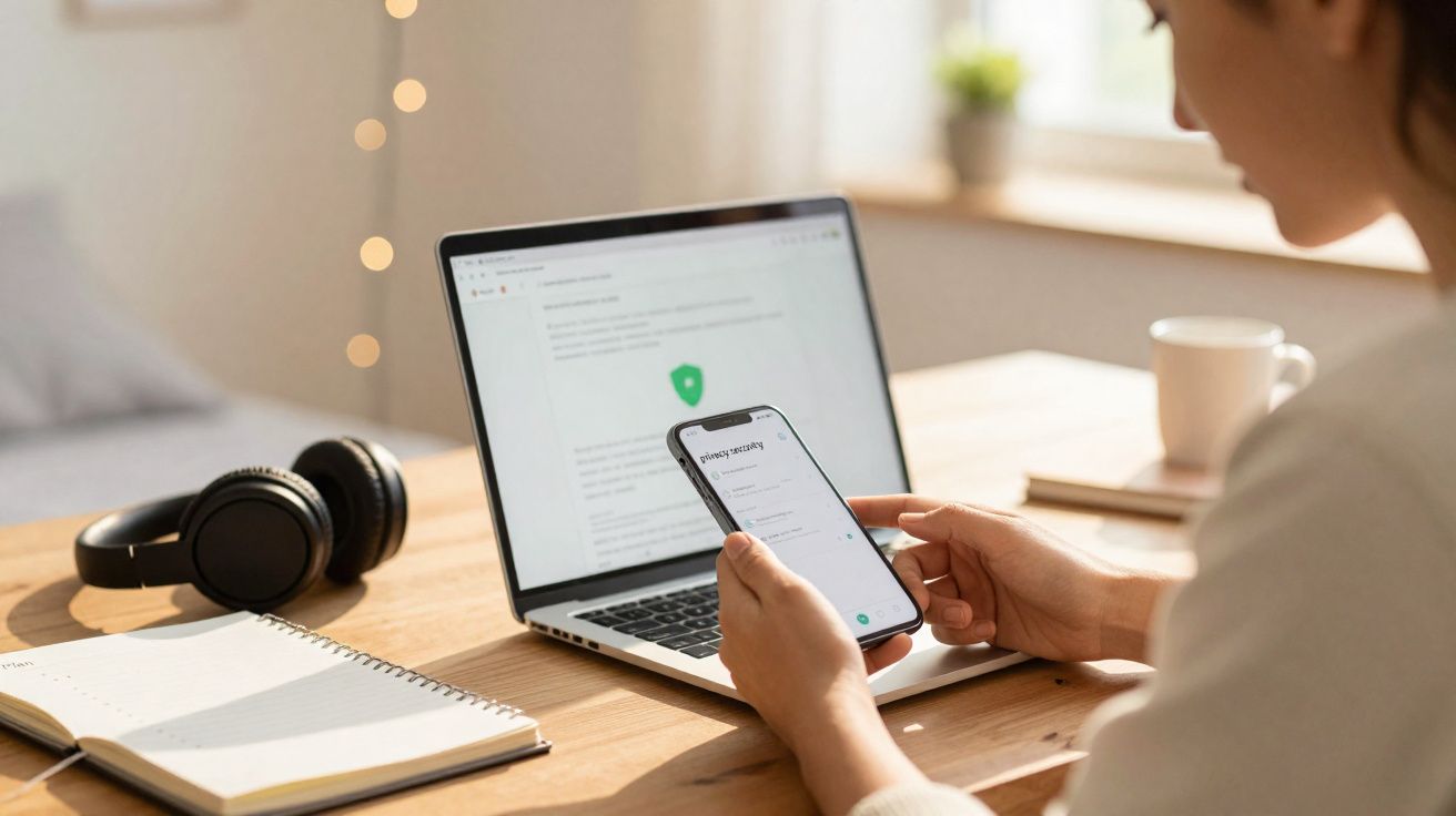 Pessoa a usar smartphone com texto de verificação, laptop aberto, auscultadores, caderno e caneca numa mesa de madeira.