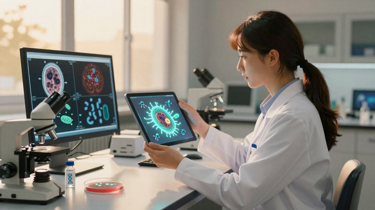 Investigadora em laboratório analisando imagens digitais de vírus numa tablet e num monitor.