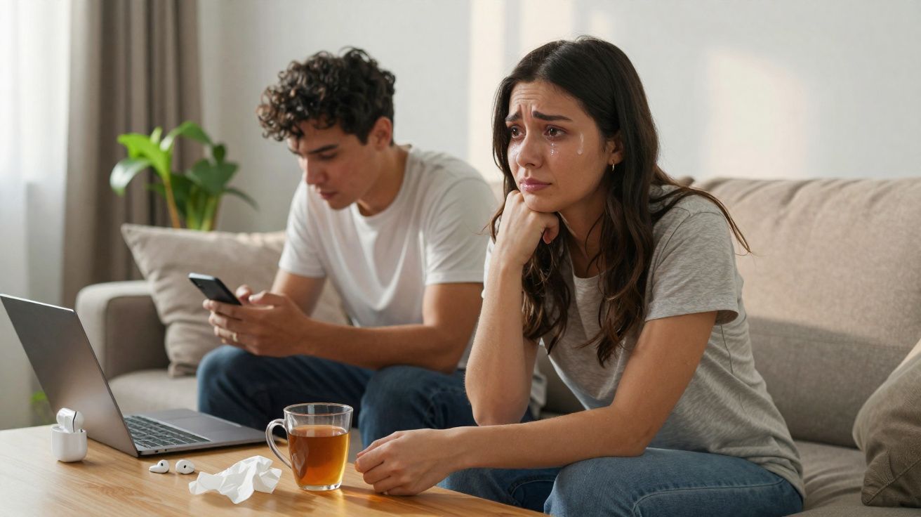 Mulher triste e a chorar sentada no sofá enquanto homem ao fundo olha para o telemóvel, ambos em sala de estar.