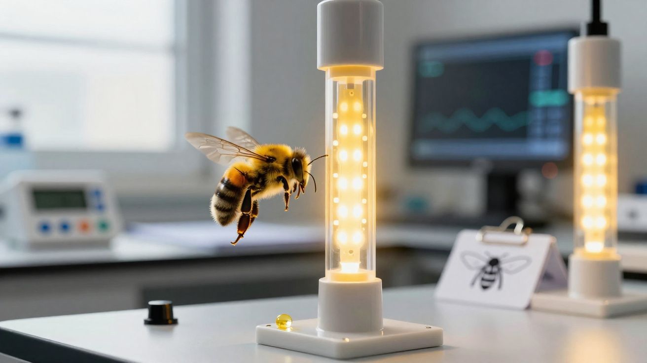 Abelha em voo perto de luz LED num laboratório com equipamentos científicos ao fundo.