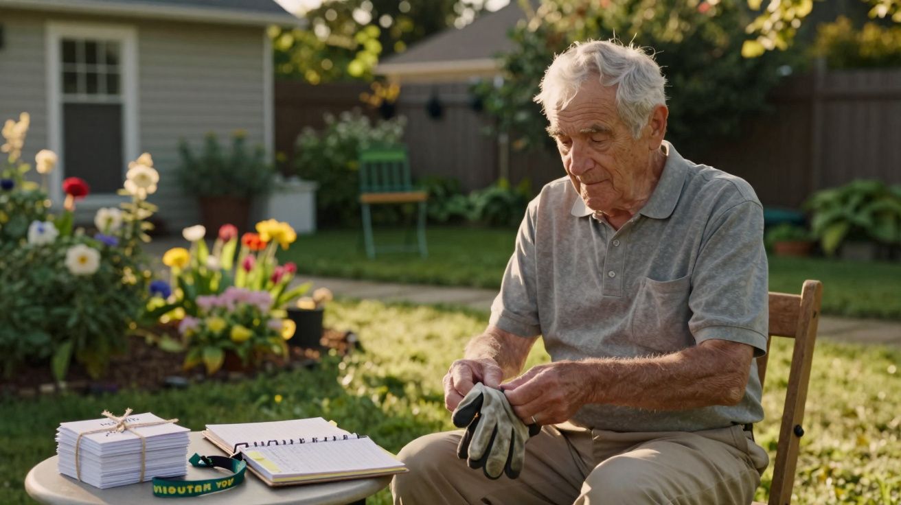 Idoso sentado no jardim segurando luvas de jardinagem, com flores e mesa pequena ao lado.