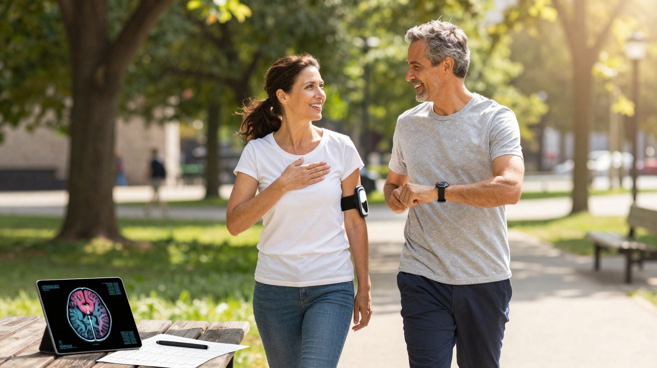 Casal a caminhar num parque, sorrindo e a conversar, com tablete a mostrar exame cerebral numa mesa ao lado.