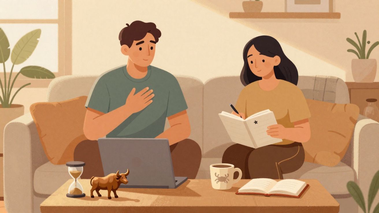 Casal sentado no sofá a estudar e trabalhar com computador, livros e plantas à volta.