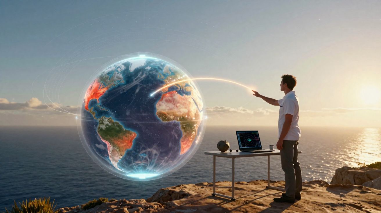 Homem interage com globo terrestre holográfico à beira-mar ao pôr do sol, com laptop numa mesa.