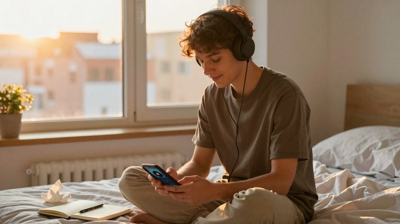 Jovem sentado na cama a ouvir música com headphones e a usar smartphone numa manhã iluminada pelo sol.