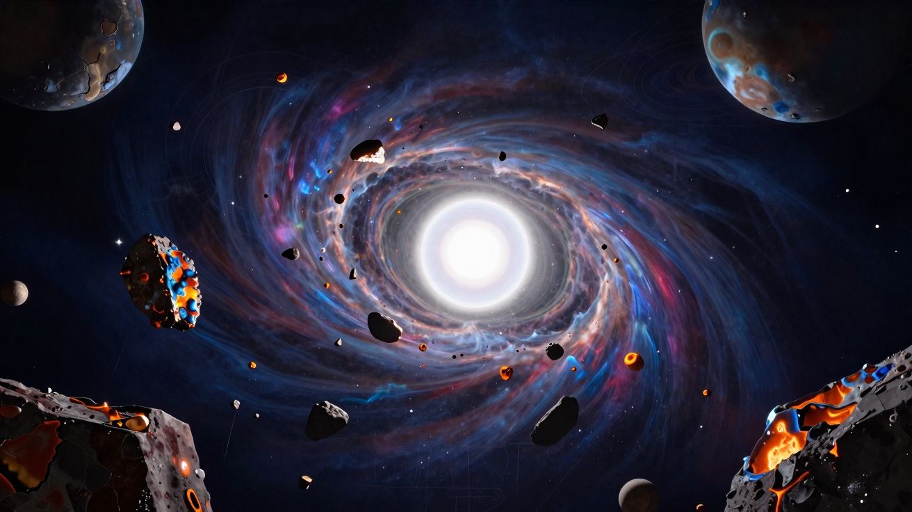 Galáxia espiral com brilho intenso no centro, rodeada por asteroides e planetas no espaço profundo.