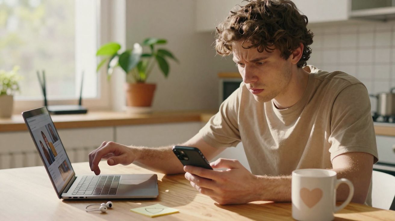 Homem jovem sentado a usar computador portátil e telemóvel numa mesa com caneca branca e planta ao fundo.